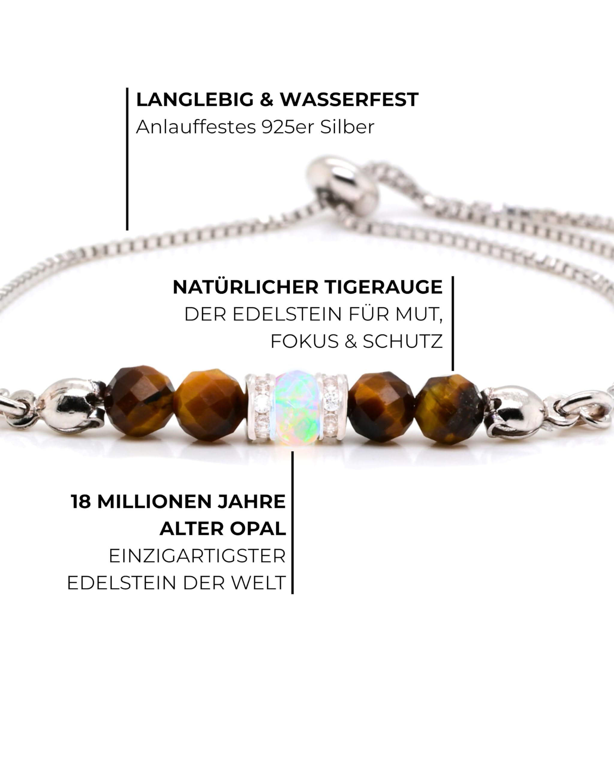 Opal Armband aus 925 Sterling Silber – Damen & Herren – Naturstein Perlenarmband mit Zugverschluss