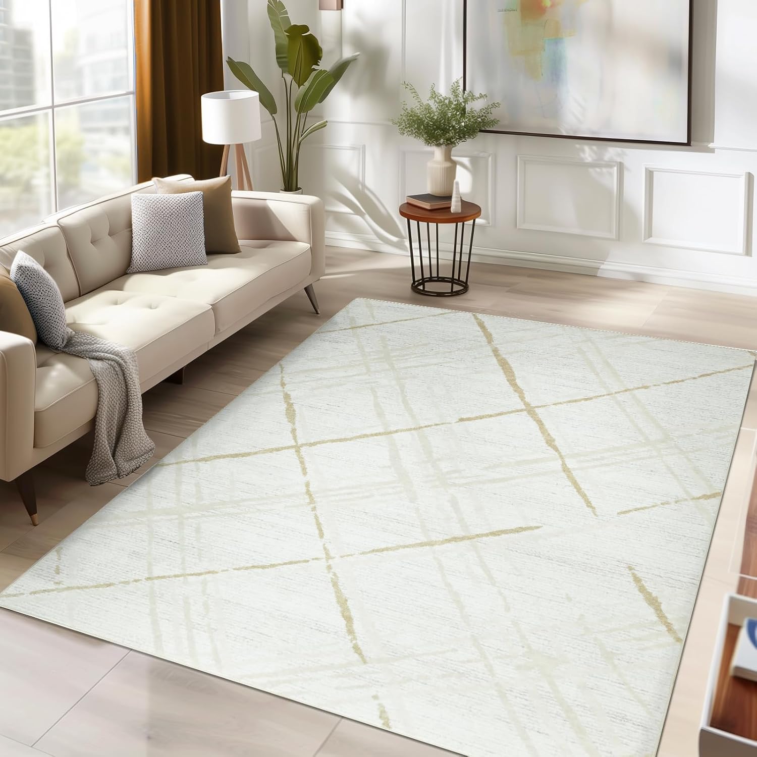 jinchan 3x5 Area Rug, Washable Abstract Geometric Grid Rug, Non-Slip Soft Accent Carpet for Living Room, Bedroom, Dining Room, Taupe Lines 3'x5' Geo Taupe