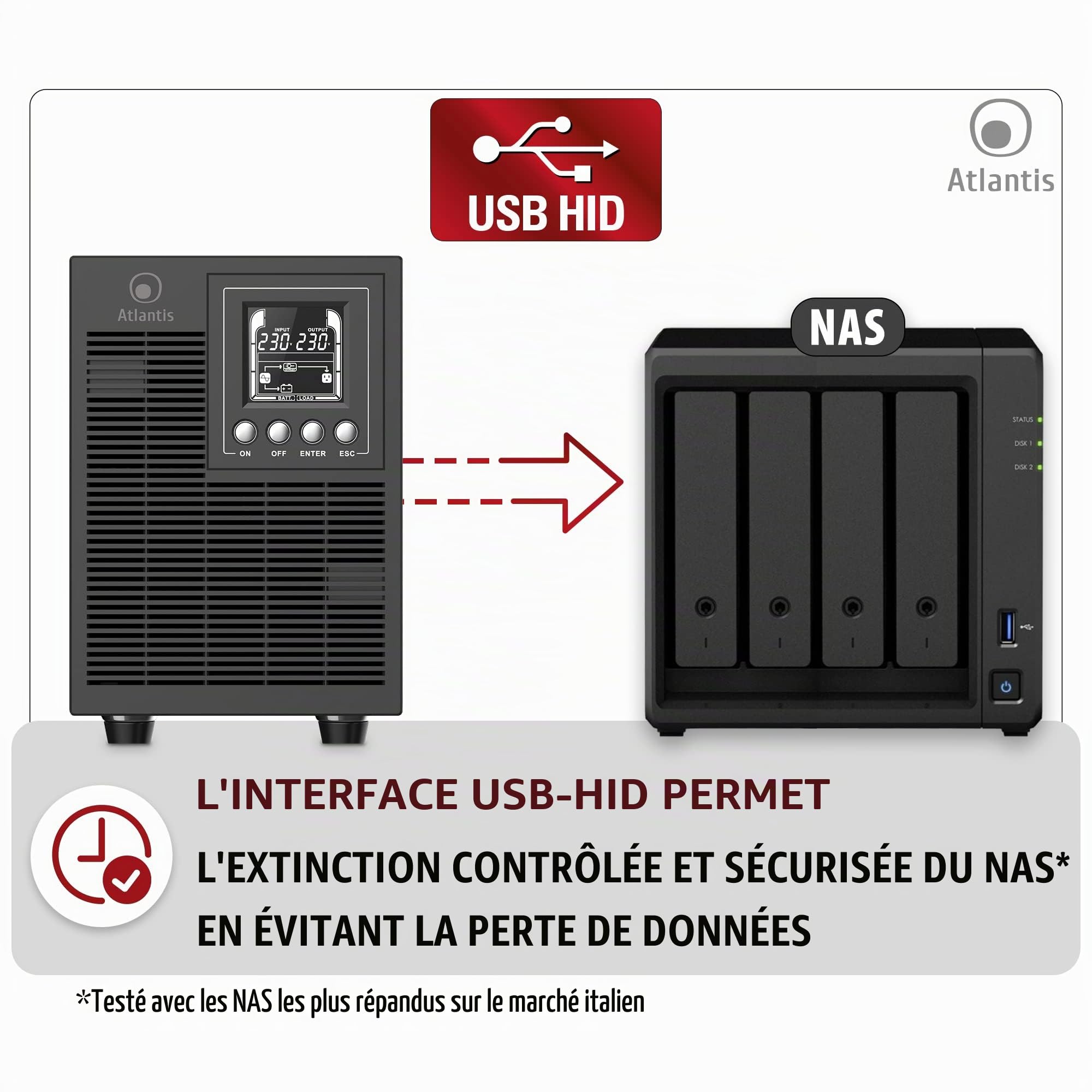 Atlantis A03-OP1502P Pro Onduleur (UPS) Online Double Conversion et Pure sinusoïde avec Une Puissance de 1500VA 1350W, Tour, écran LCD, USB, RS-232 série, 4 Sorties IEC, Slot SNMP, 3x12V-9Ah