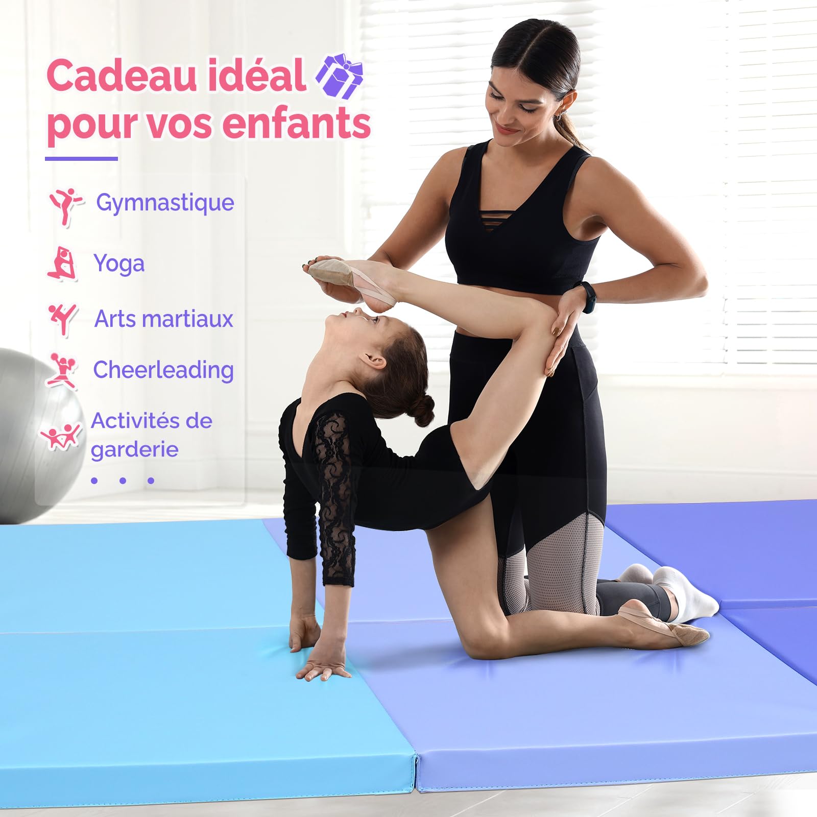 Bonnlo Tapis de Gymnastique Pliable, PU + EPE Épaissi, avec Poignée de Transport, Tapis de Sol Souple pour Enfants et Adultes