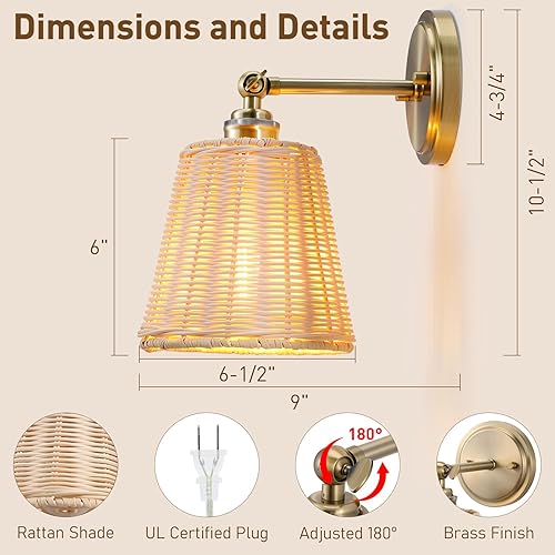 Miniatura 4 de Juego de dos apliques de pared de ratán, pantalla de mimbre tejida a mano, lámpara de pared para interiores, juego de apliques bohemios para