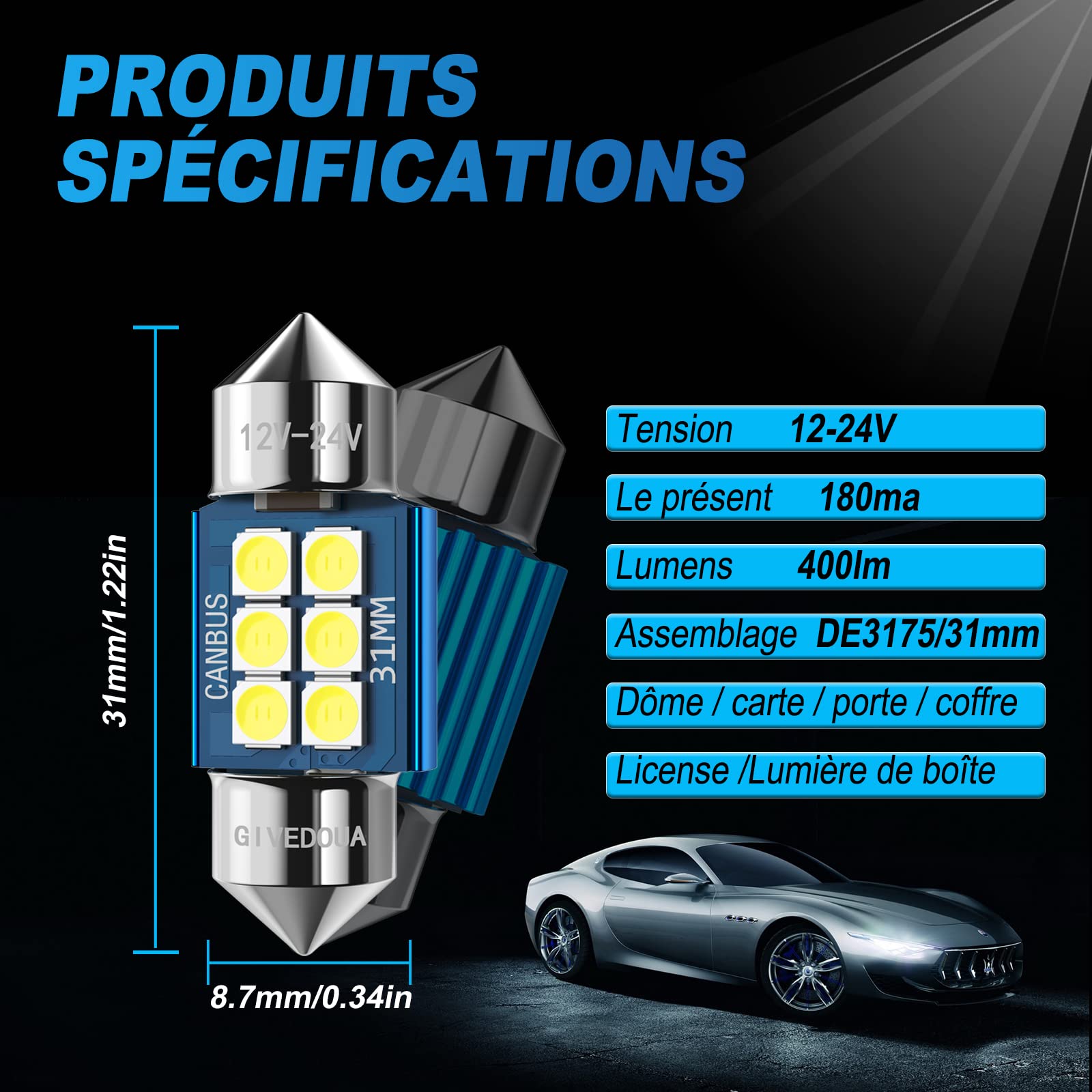 DE3175 Żarówka LED DE3021 DE3022 Żarówka LED 31 mm, 12 V 24 V CANBUS bez błędów do wnętrza Dome Light Map Light Tablica rejestracyjna Światło dzięki uprzejmości 6500 K Biały Zestaw 4 szt