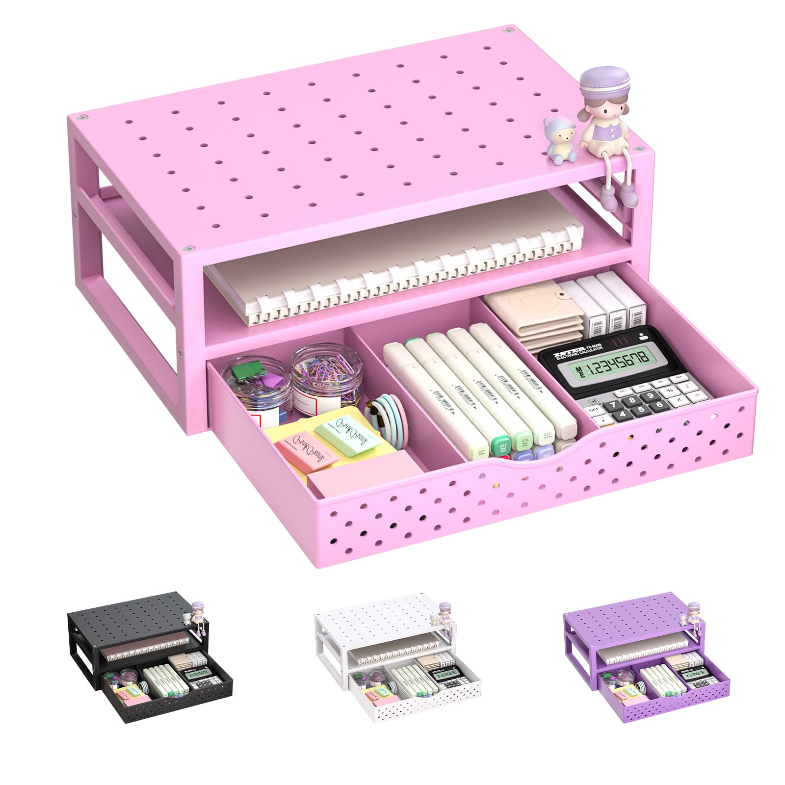 WALI Desk Organizer with Drawer，Computer Monitor Stand with Storage, Desk Organizers and Accessories for Computer, Printer, Laptop Riser for Home Office Supplies, (PTT005-P), 1 Pack, Pink