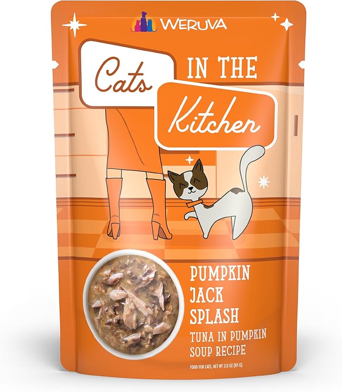 Ração úmida para gatos Weruva Cats in the Kitchen Pumpkin Jack Splash com atum em sopa de abóbora, 85 g — Pacote com 12 sachês