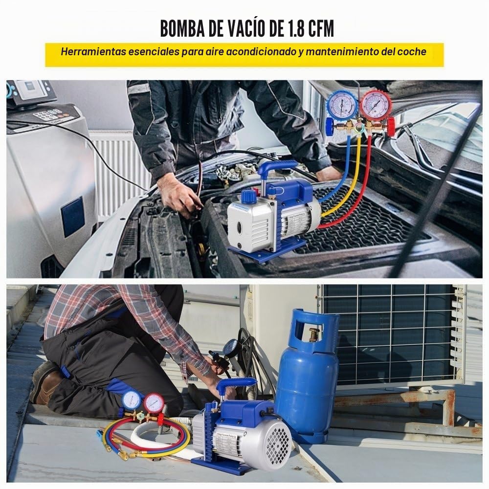 Bomba de Vacío 1,8CFM 1/4HP 220V / 50-60Hz para Aire Acondicionado Bomba de Vacío Coche con Medidor De Colector 1440 TR/Min Anti-Reflujo Aceite para Aire Acondicionado Coche Automotriz Refrigerador