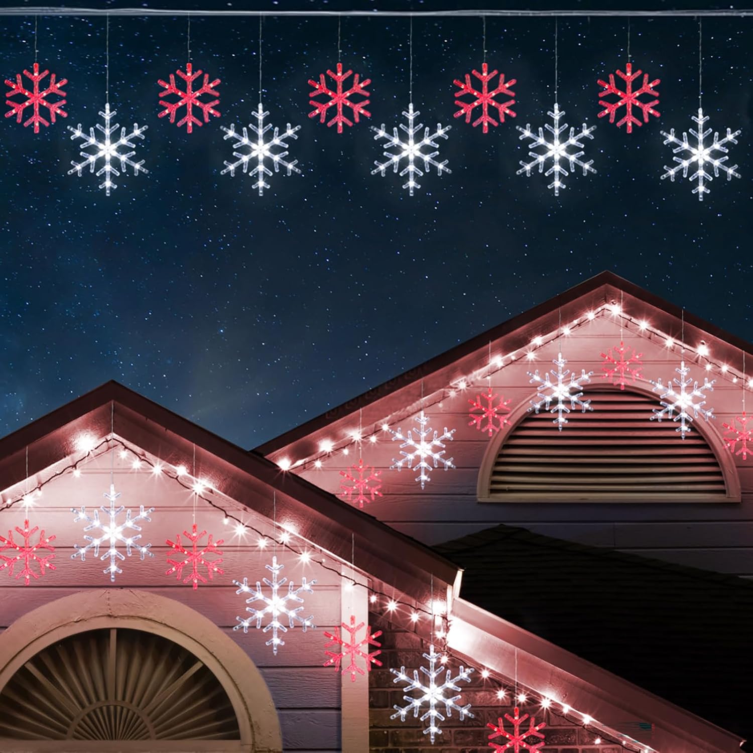 Christmas Snowflake Icicle Lights-9ft 150LED Twinkling Christmas Lights with Timer, Waterproof Connectable Hanging 10 Drop for Eave Window Porch Xmas Indoor Outdoor Decoration (Red and White)