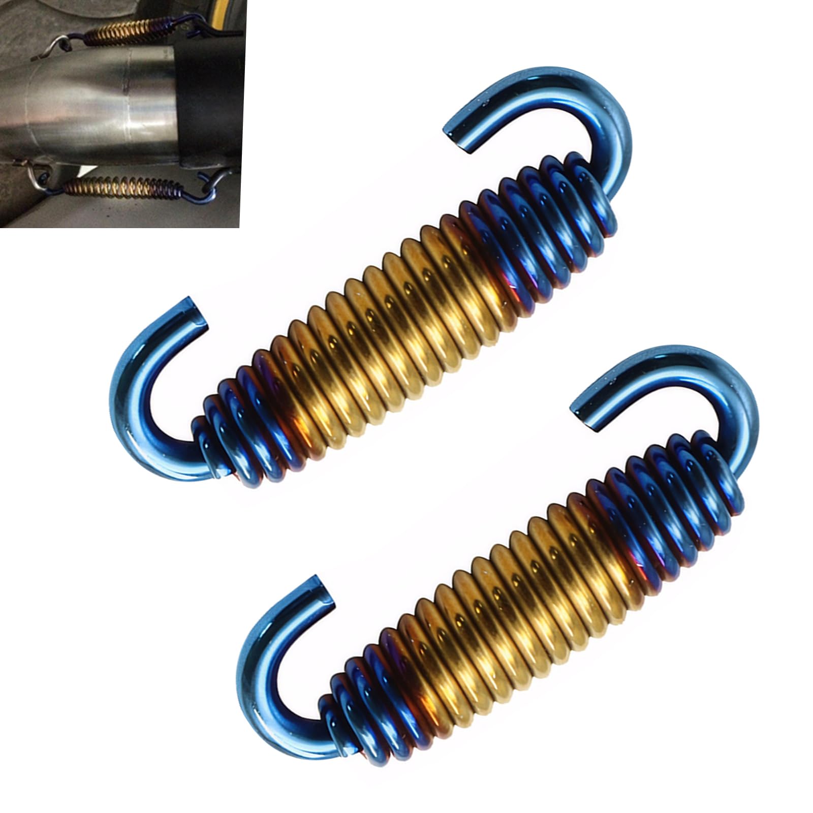 2 PCS Motorcycle Muffler Spring, 40mm - 60mm Extended Range Stainless Steel Exhaust Enhancement Spring Hook, Car Modification Replacement Parts, Universal for Cars (Multicolored Blue)