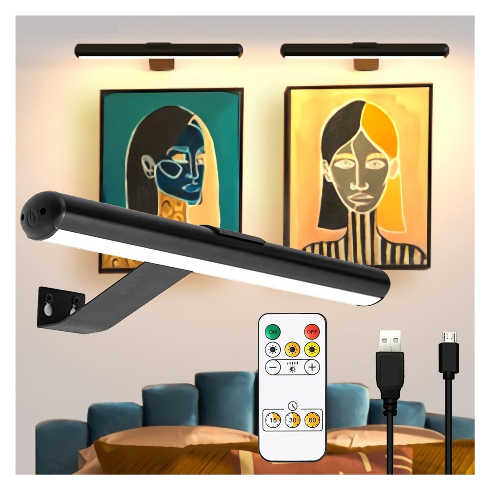 Luci Esposizione Per Quadri Quadro Luminoso Ritratto Con Lampada Da Parete Wireless Remota For Soggiorno Foto Bianca Calda A Batteria Ricaricabile(Black)