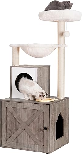 Miniatura 10 de Heybly Árbol para gatos, caja de arena de madera con estación de alimentos, muebles de interior todo en uno para gatos con plataforma grande y