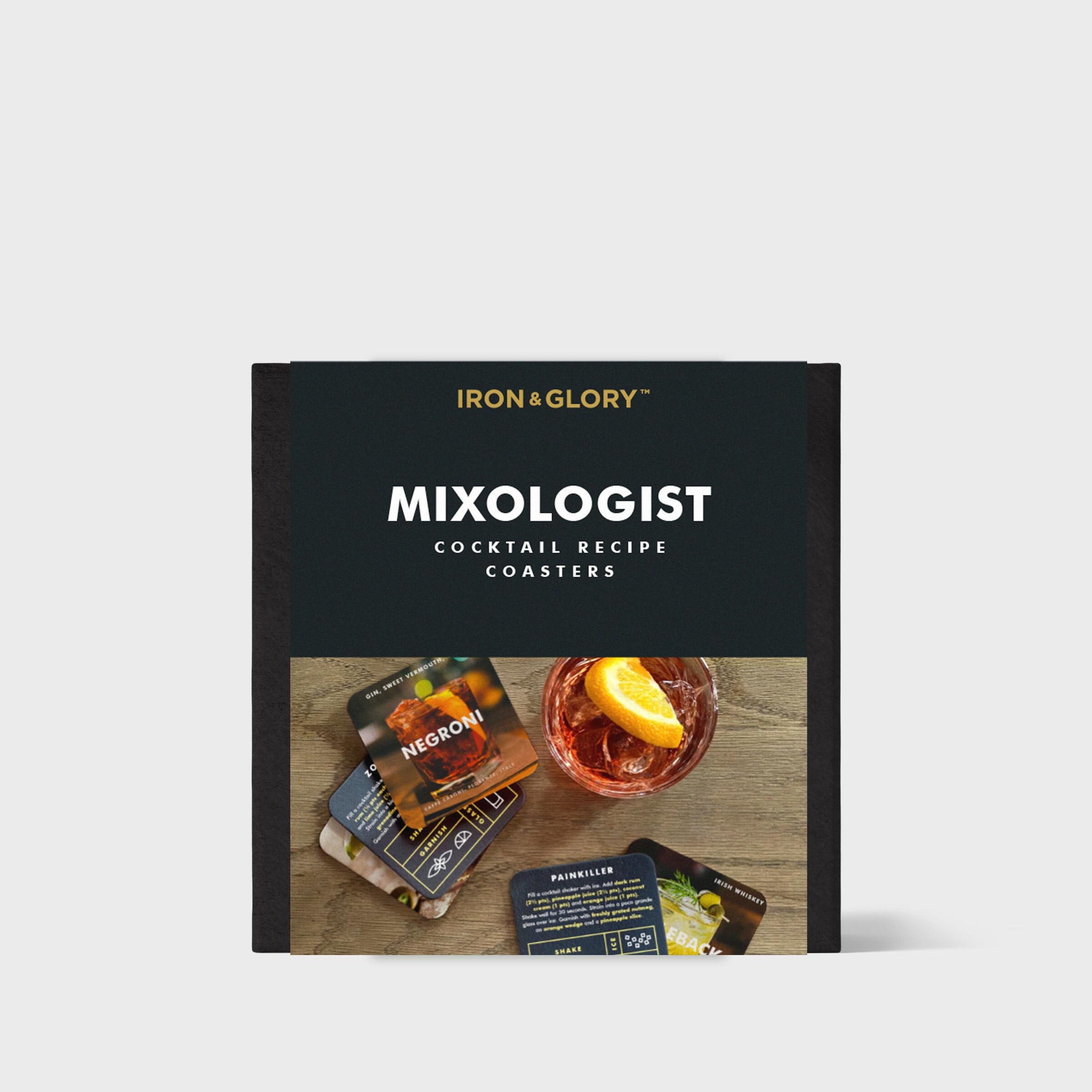 Iron & Glory Mixologist karty z przepisami na koktajle, podstawki pod napoje, akcesoria do baru domowego i akcesoria do wózków barowych, akcesoria barowe do domowego zestawu barowego, podstawki pod
