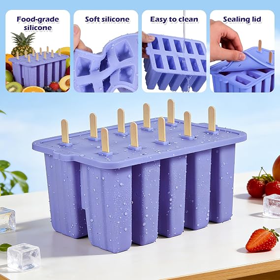 Purple Silicone Popsicles Molds,10 Cavity Homemade Popsicle Molds DIY Ice Pop Molds for Kids & Adults Food Grade BPA-Free with Popsicle Maker Sticks Popsicles Bags A Funnel