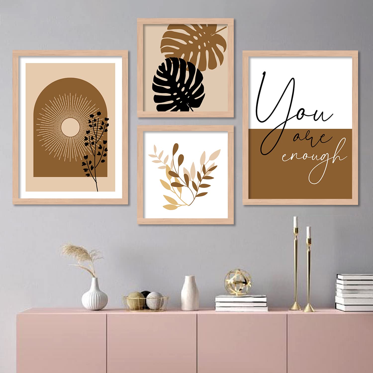 kotart Wood Painting Modern Art Wall Decor Framed Wall Paintings For Living Room, Bedroom - Nature Inspired Paintings With Frame - Photo Frames For Wall Decoration (11 X 14 Inch, Brown) Set Of 4