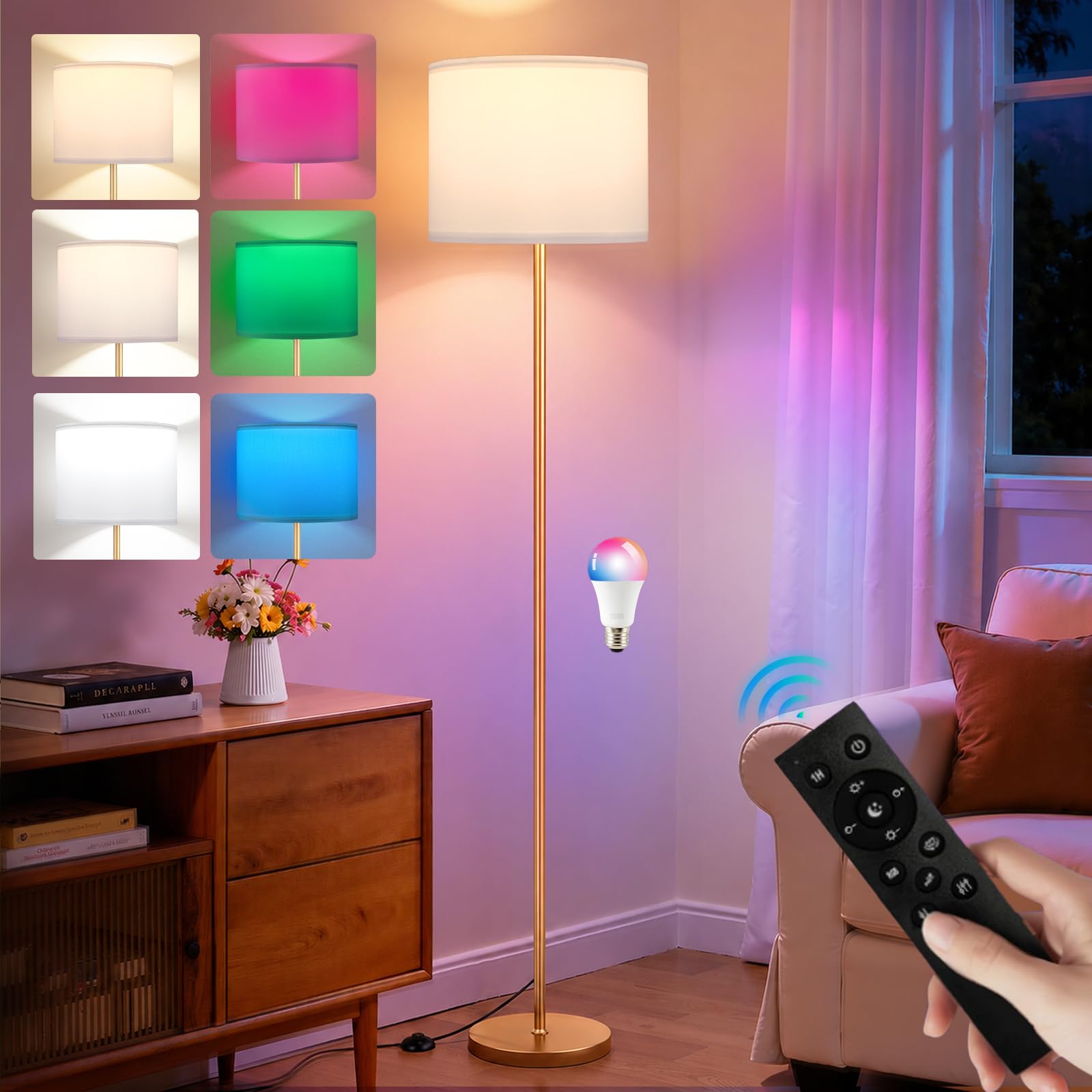 RGB Goldene Stehlampe dimmbar mit Fernbedienung, 5-Stufen Lichtfarbe | Goldene Stehlampe Wohnzimmer, mit stufenlos dimmbar und timer, weißer Stoffschirm, für Wohnzimmer/Schlafzimmer/Büro.