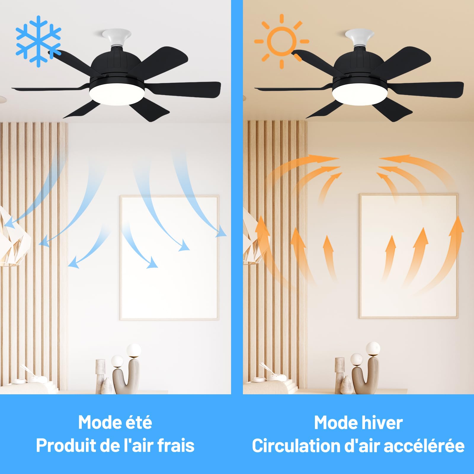 MagiDeal Ventilateur Plafond avec Lumières, 40W Lampe Plafonnier Ventilateur avec E27 Ventilateur à Douille avec Ventilateur de Plafond à Distance 3 Couleurs Dimmable, 3 Vitesses pour Chambre, Noir
