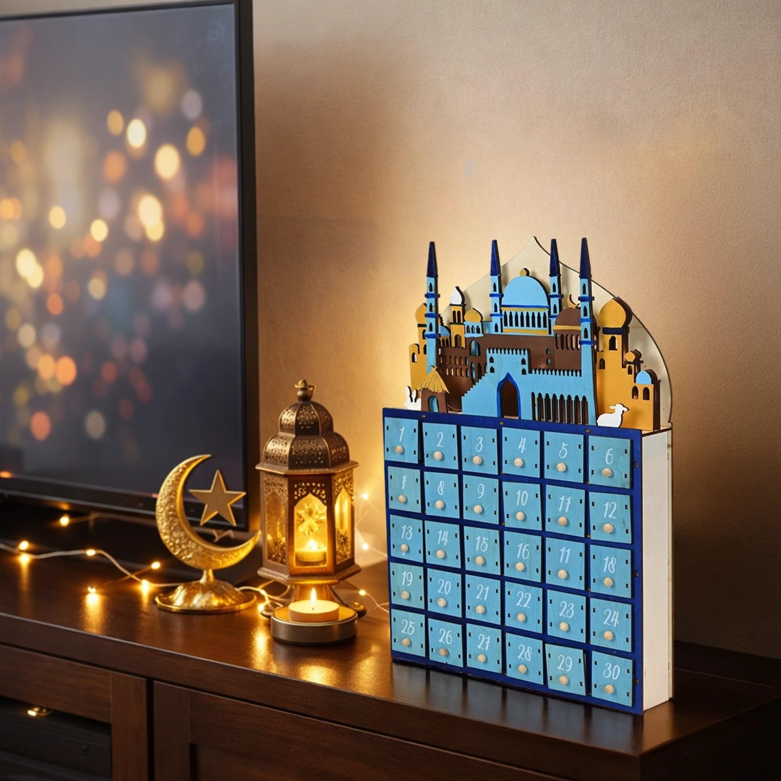 Calendario de Adviento de Ramadán, madera con luces LED, 30 cajones, 11 x 2.2 x 15.4 pulgadas, cuenta regresiva del festival Eid, lámpara de mesa para dormitorio, decoración religiosa musulmana