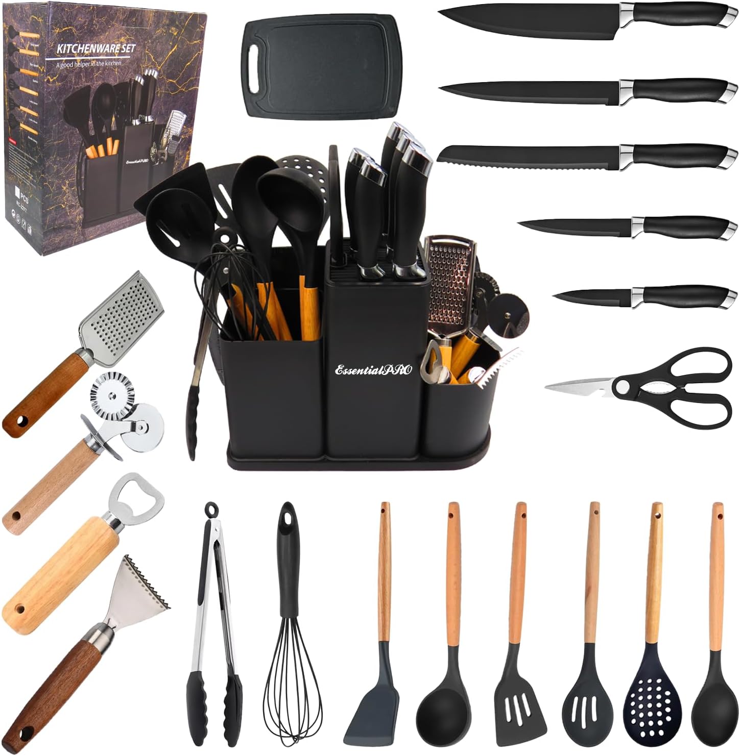 20 Pcs Kitchen Knife & Cooking Utensil Set With Holder|Non-Stick Silicon & Steel Cooking Set With Insulated Wooden Handles|Kitchenware & Ultra Sharp German Stainless Steel Knife Set With Cutting Board