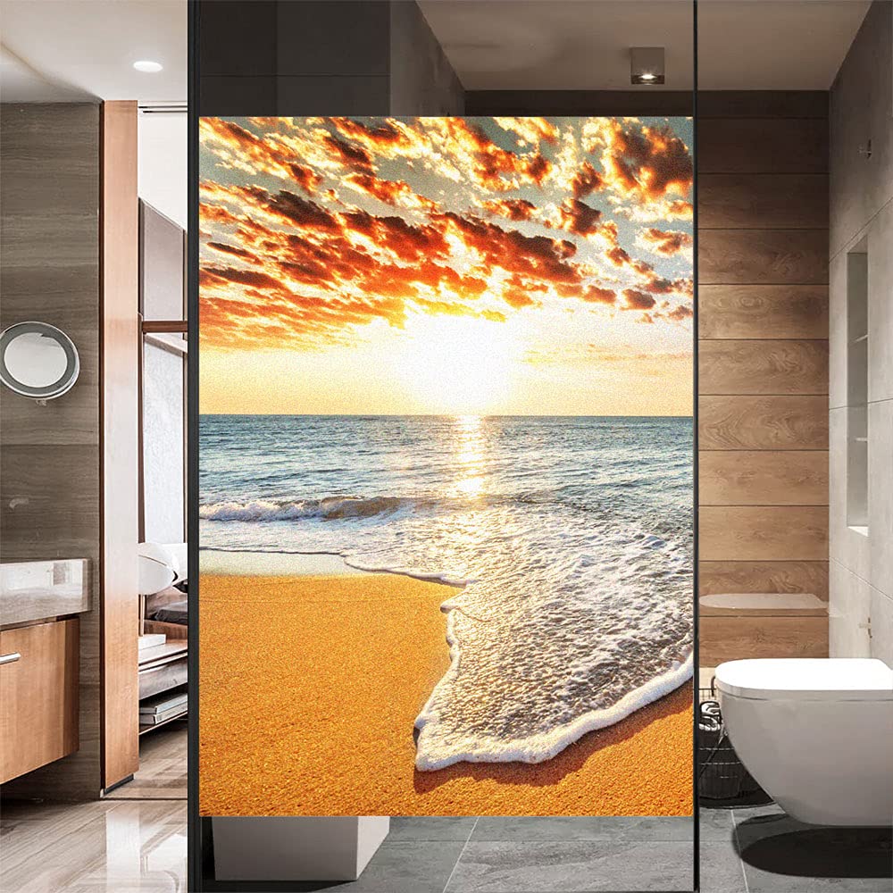 Window Film Privacy Frosted Beach Seascape Static Cling Window Stickers No Glue Window Clings UV Blocking Heat Control Window Coverings for Home/Office 31.49"x39.37"(80x100cm)