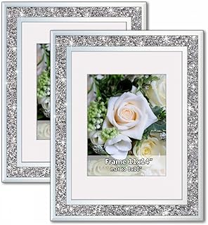 Crushed Diamond Wedding Mirror Photo Frame, Crystal Silver Glass Picture Frame For Photograph Size 11x14 inch With Mat for 8x10 inch, Pack of 2 Pieces Wall Frame. Bling Sparkle Diamond Home Decor.