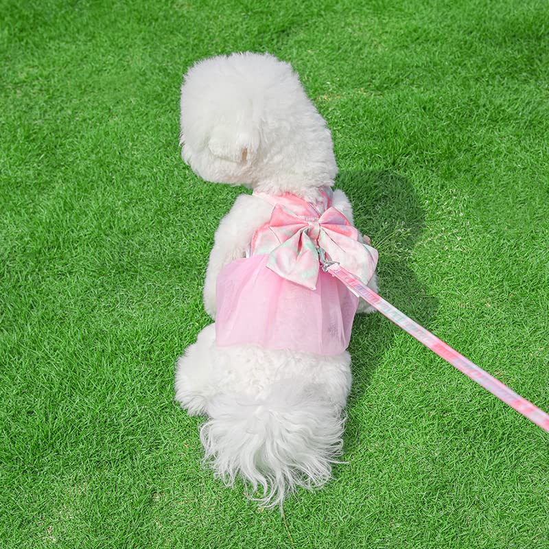 Image of HDKUW Dog Harness Dress with Leash Set,Sweet Colorful Bow Dog Dress Soft Tutu Vest Pet Clothes for Cats Puppy Small Dogs Pink L