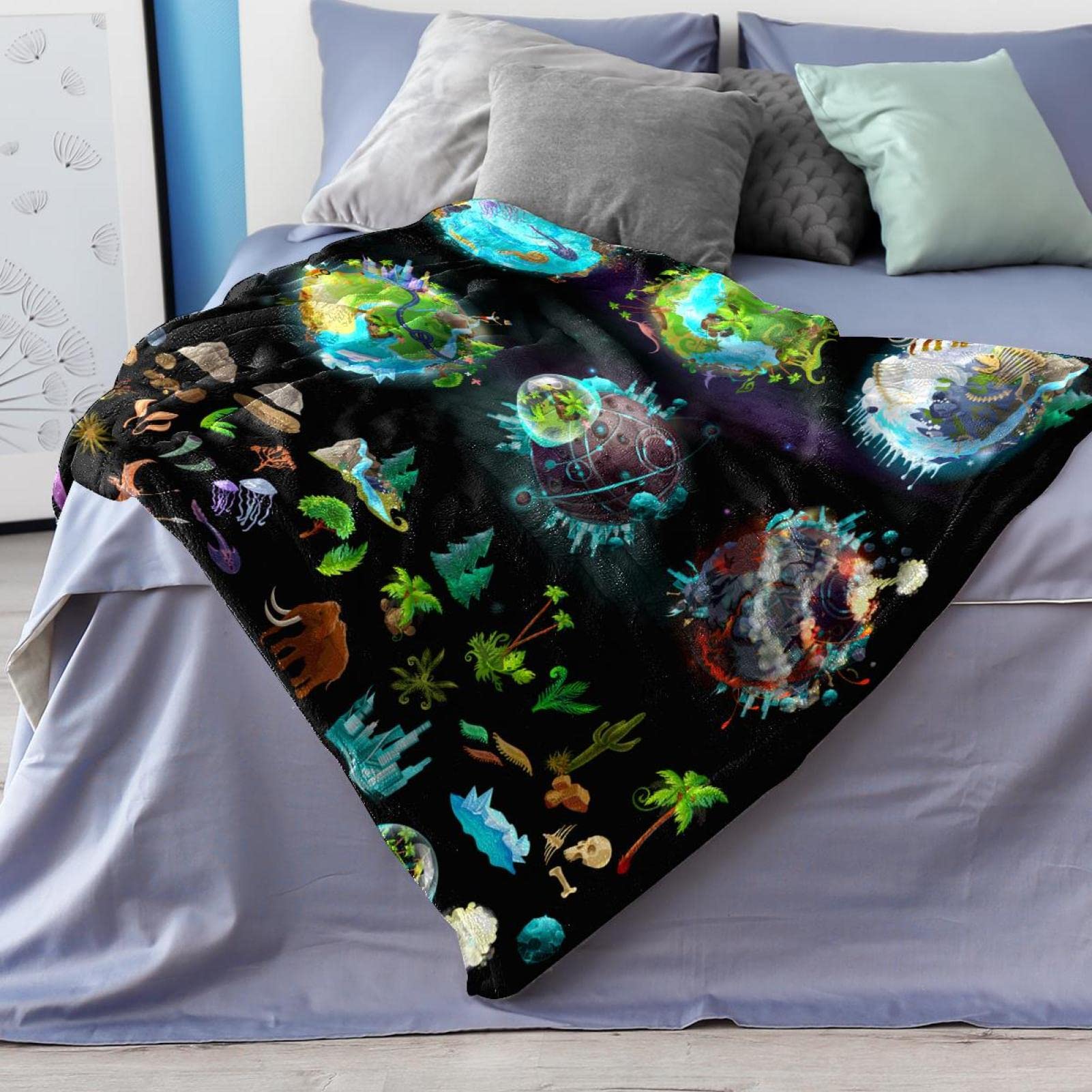 Coperta in pile Etapas-Evolucion-Tierra-Creacion-Dibujos-Animados-Varios-Iconos-Colores-Plantas-Animales per divano o letto