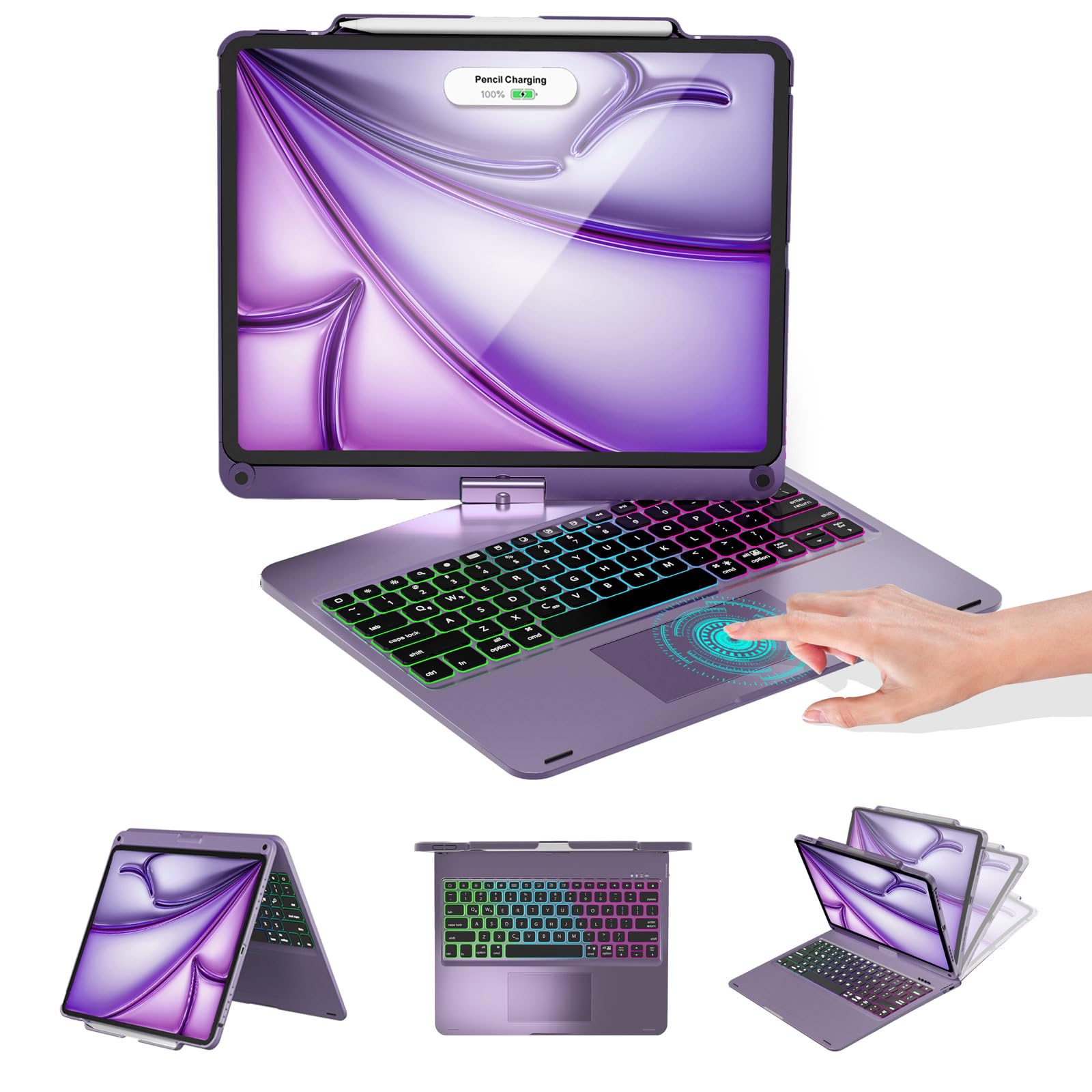 BaislaiPad Air 13 Inch Case Keyboard, Premium Hardshell Keyboard for iPad Pro 12.9 (6th/5th/4th/3rd Gen), 360° Rotatable, Multi-Touch Trackpad, 7 Color Backlit with Pencil Holder - Dark Purple