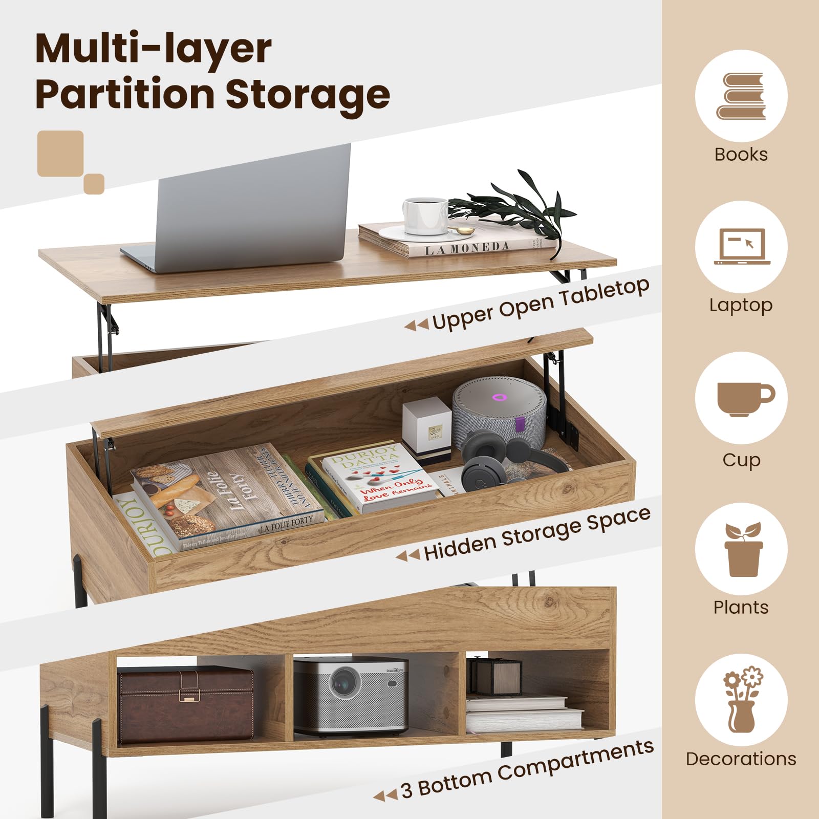 LIFEZEAL Mesa de Centro con Tablero elevable y 3 Compartimentos, Espacio de Almacenamiento Oculto, Moderna Mesa de café de Madera con 4 Patas robustas, 100x50x59,5cm