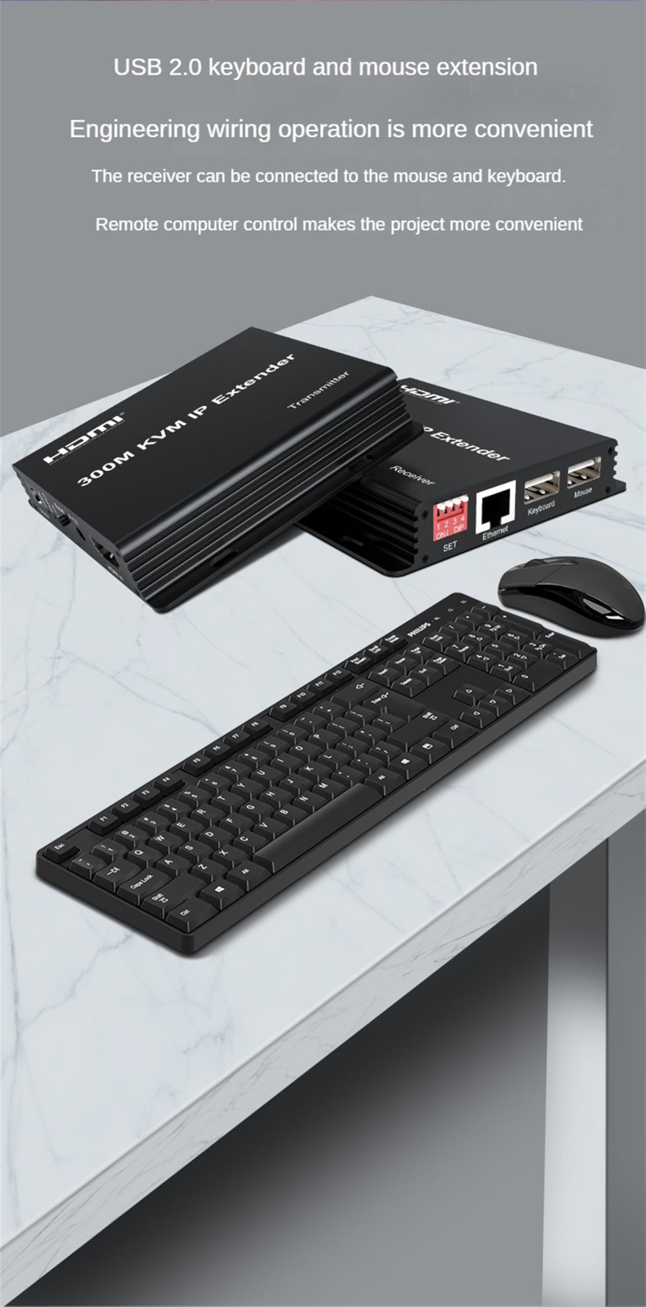 Rallonge IP KVM 300 m, HDMI Extende sur IP Rj45 Cat6 Câble Ethernet 1080p HDMI KVM Connexion Commutateur Réseau Prise en charge Souris Clavier pour PC DVR TV (TX+RX)