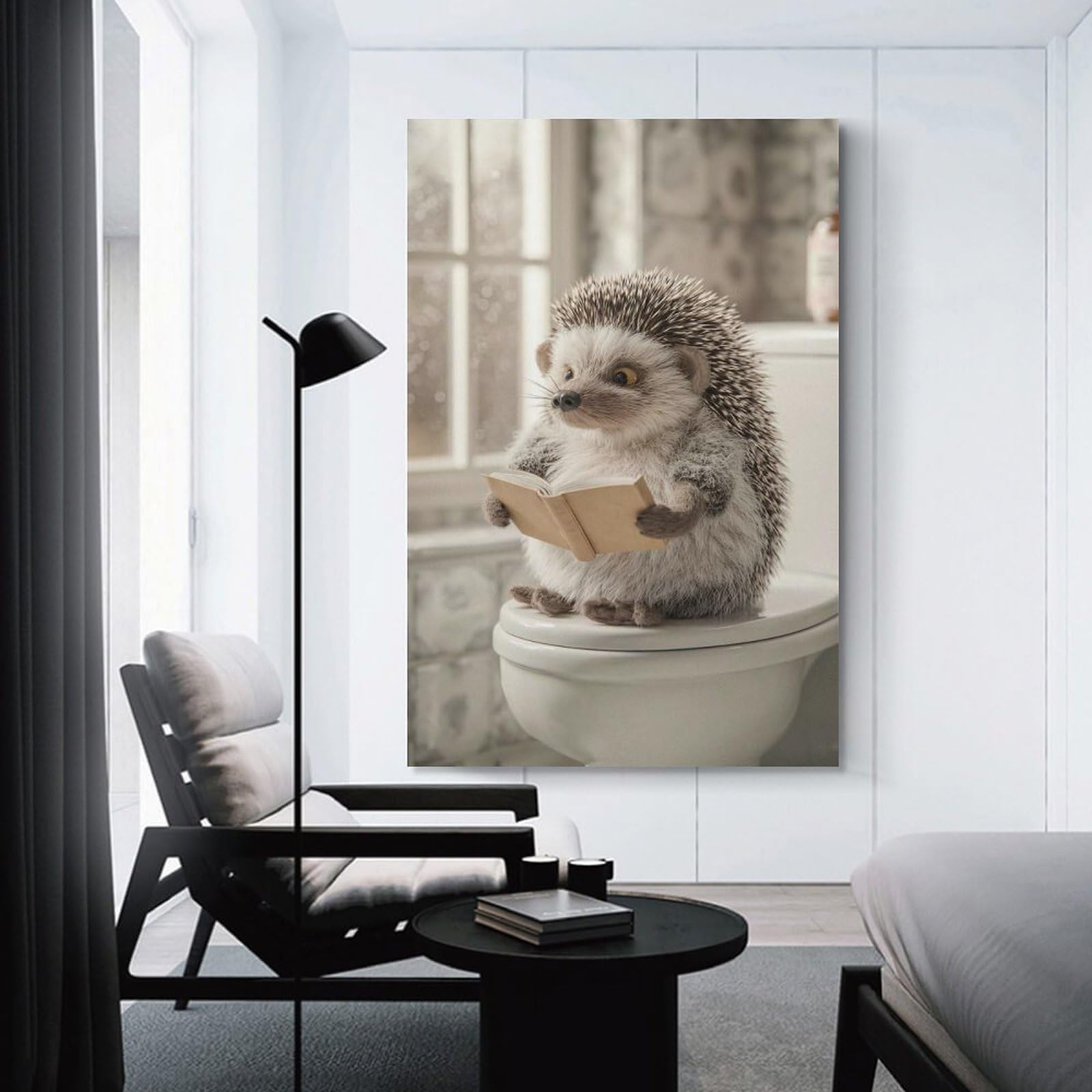 Junmoney Hedgehog Reading A Book on A Toilet Canvas Wall Decor, 12x18inch(30x45cm), for Office, Study Or Home Workspace, Wall Art That Adds Style to Work Areas