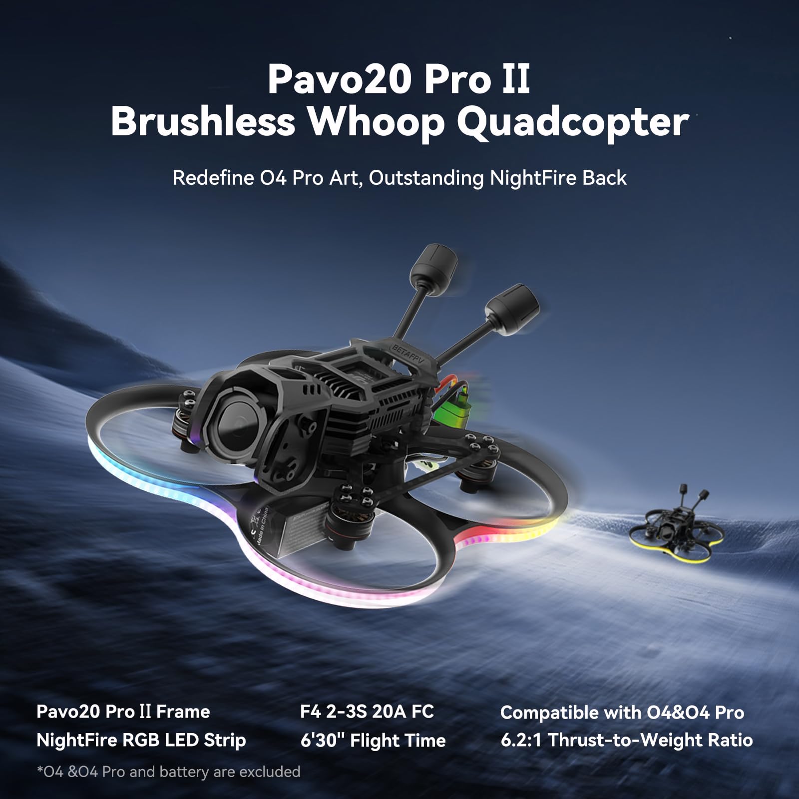 BETAFPV Pavo20 Pro II Brushless Whoop Quadcopter Compatible O4 Air Unit Pro F4 2-3S 20A AIO FC LAVA 1104 7200KV Motors COB LED Strip FPV Freestyle