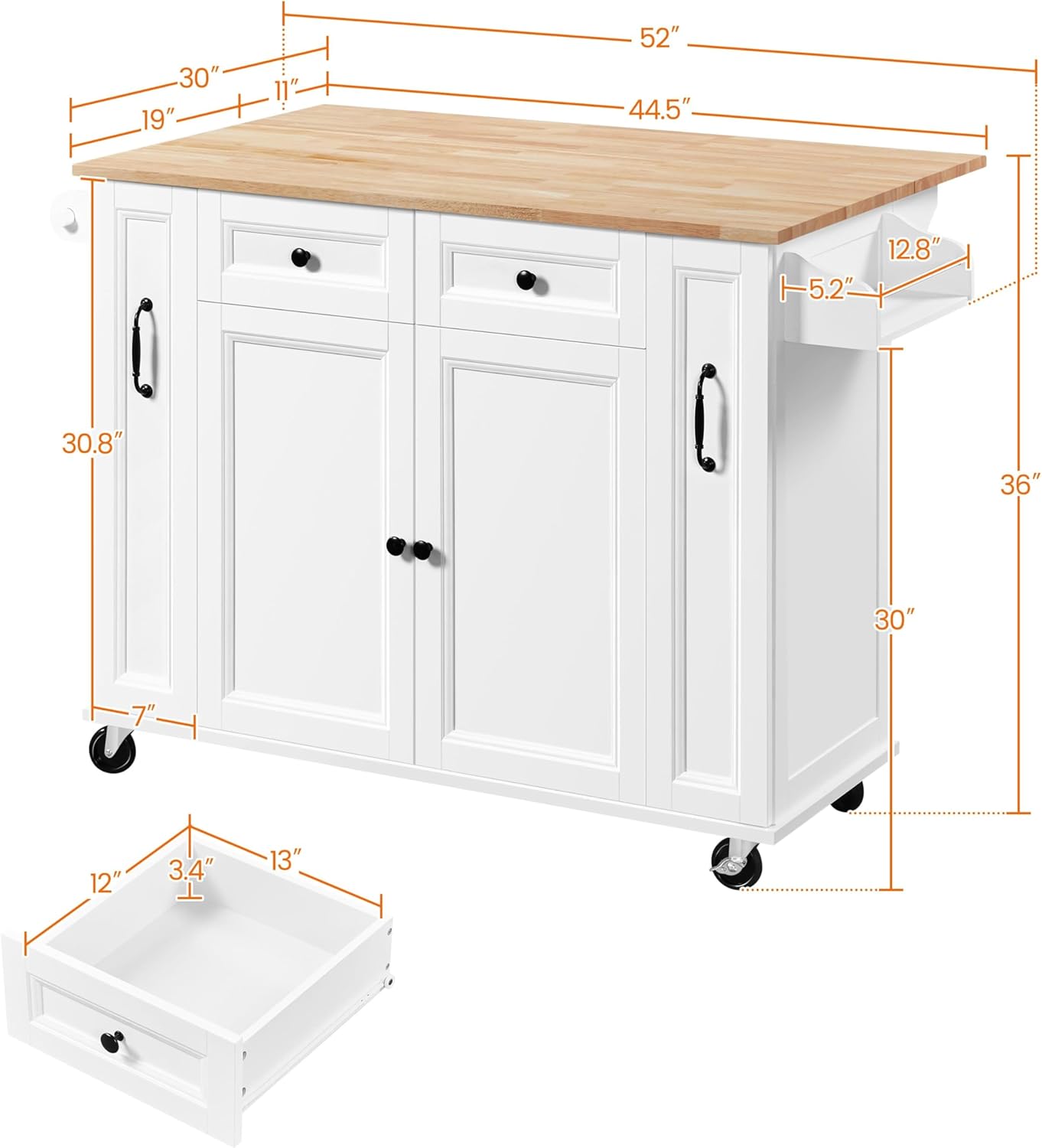 Yaheetech Kitchen Island Cart with Storage Cabinet, 52" W Rolling Kitchen Island with Drop Leaf on 5 Universal Wheels, 2 Drawers & Pull-Outs, Adjustable Shelves for Dining Room, White