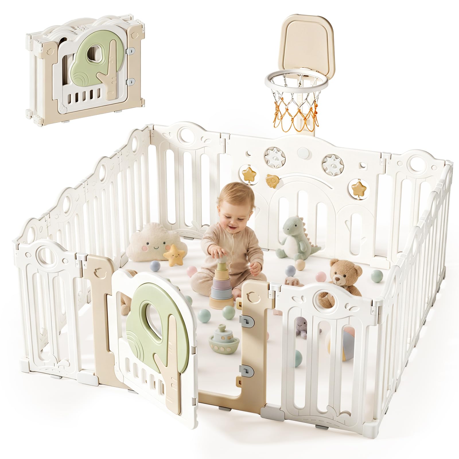 Parque Infantil Plegable de 150x150cm, Ajustable Grande y Forma, XL con Canasta de Baloncesto, Extensible con Puerta y Tablero de Juego Montessori para Interior/Exterior, Playpen y Parques