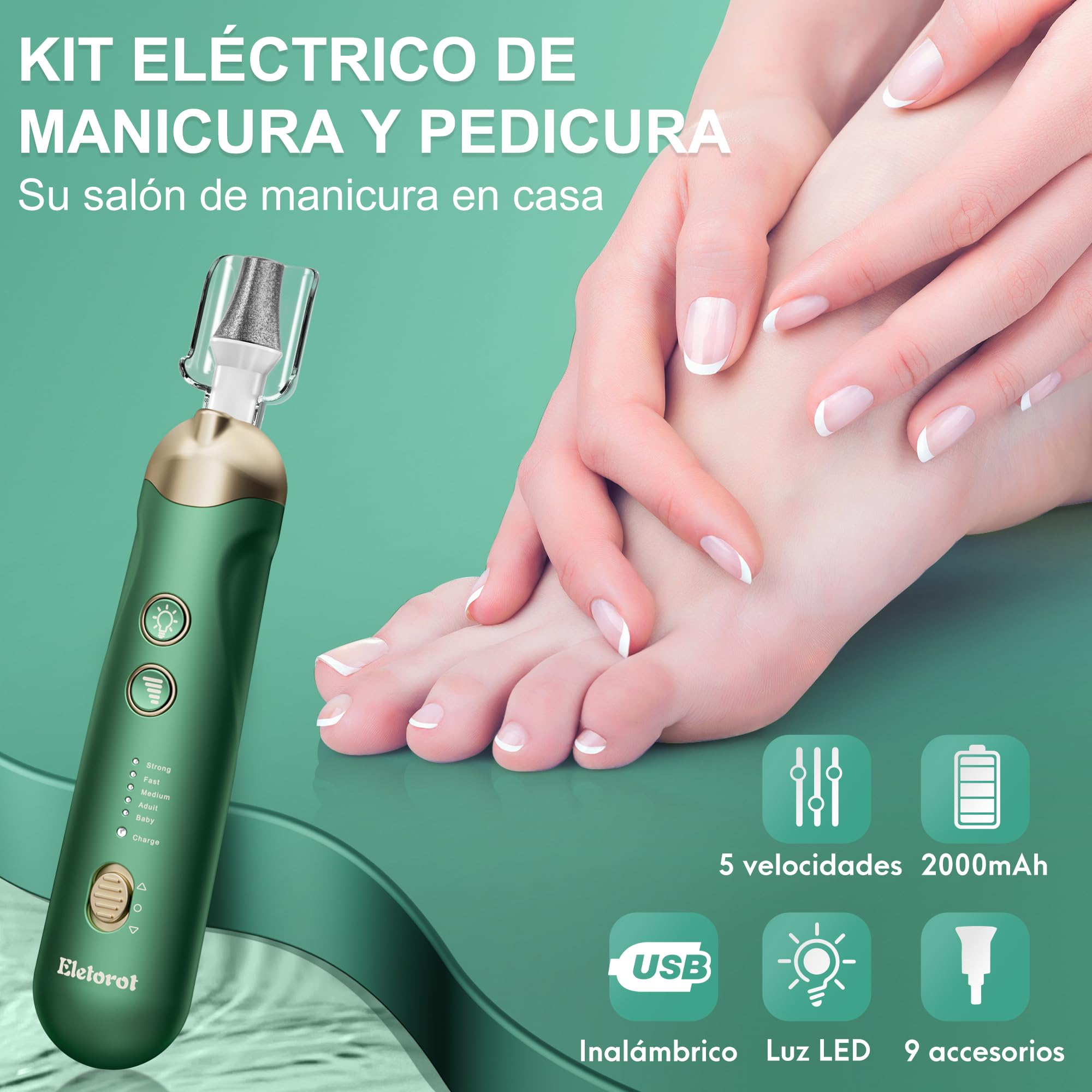 Limas de Uñas Profesionales: Eletorot Pedicura y Set Manicura con 8 Accesorios, Torno para Uñas Profesional con Luz LED, Kit Manicura para Corta Cuticulas y Eliminar de Callos