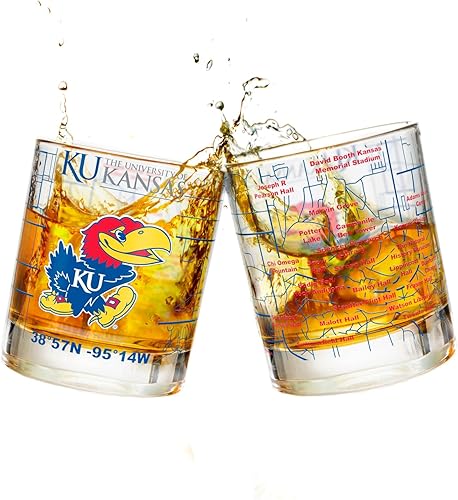 University Of Kansas - Juego de vasos de whisky (2 vasos de bola baja) Contiene el logotipo de JayHawks a todo color y mapa del campus Idea de