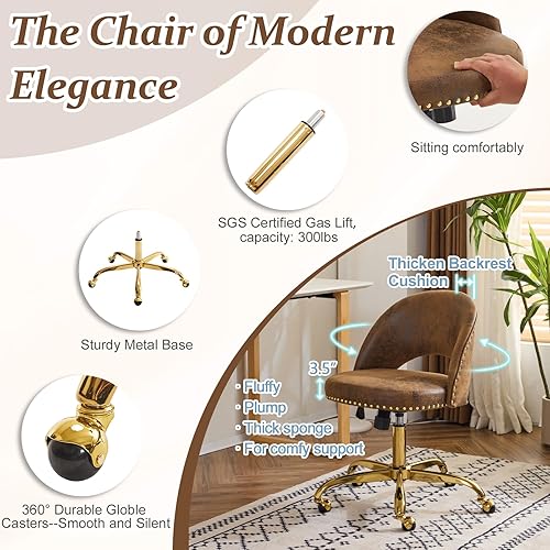 Vista 58 de VINGLI Silla de oficina pequeña de terciopelo moderna, bonita silla de escritorio con ruedas, base dorada/tachuelas, cómoda silla giratoria sin Beige