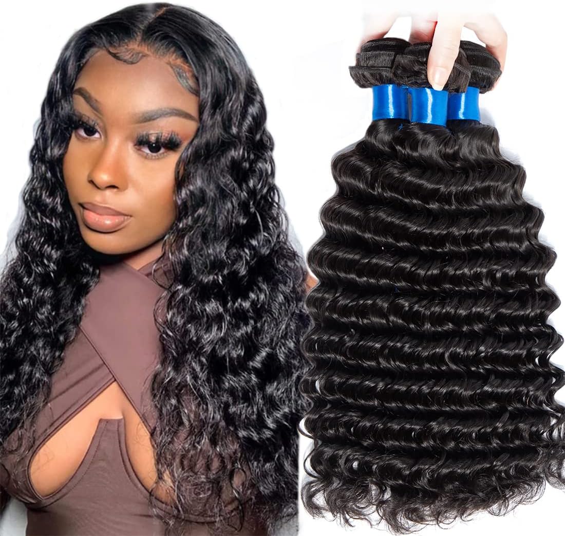 Cranberry Hair Virgin Brazilian Deep Wave 3 Bundles Human Hair Extensions Pack of 3 10Inch 12Inch 14Inch Unprocessed Deep Wave Weave Mixed Length Natural Black Color
