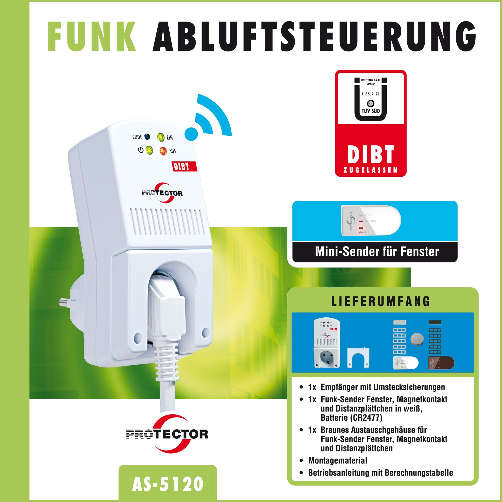 Protector AS-5120 Funk-Abluftsteuerung mit Mini Fensterkontaktschalter & Funksteckdose für Dunstabzugshaube & Kamin, Zuluftwächter, Fensterkontaktschalter Funk mit DIBT-Zulassung & Umstecksicherung