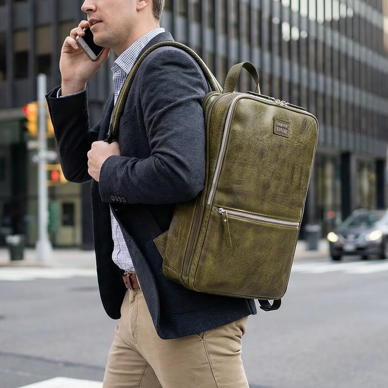 LEATHER VILLAGE Leather Laptop Backpack for Men | Olive | Slim Professional Business Bag Fits 15.6”-Laptop | Water-Repellent Work & Travel Daypack with Trolley Strap