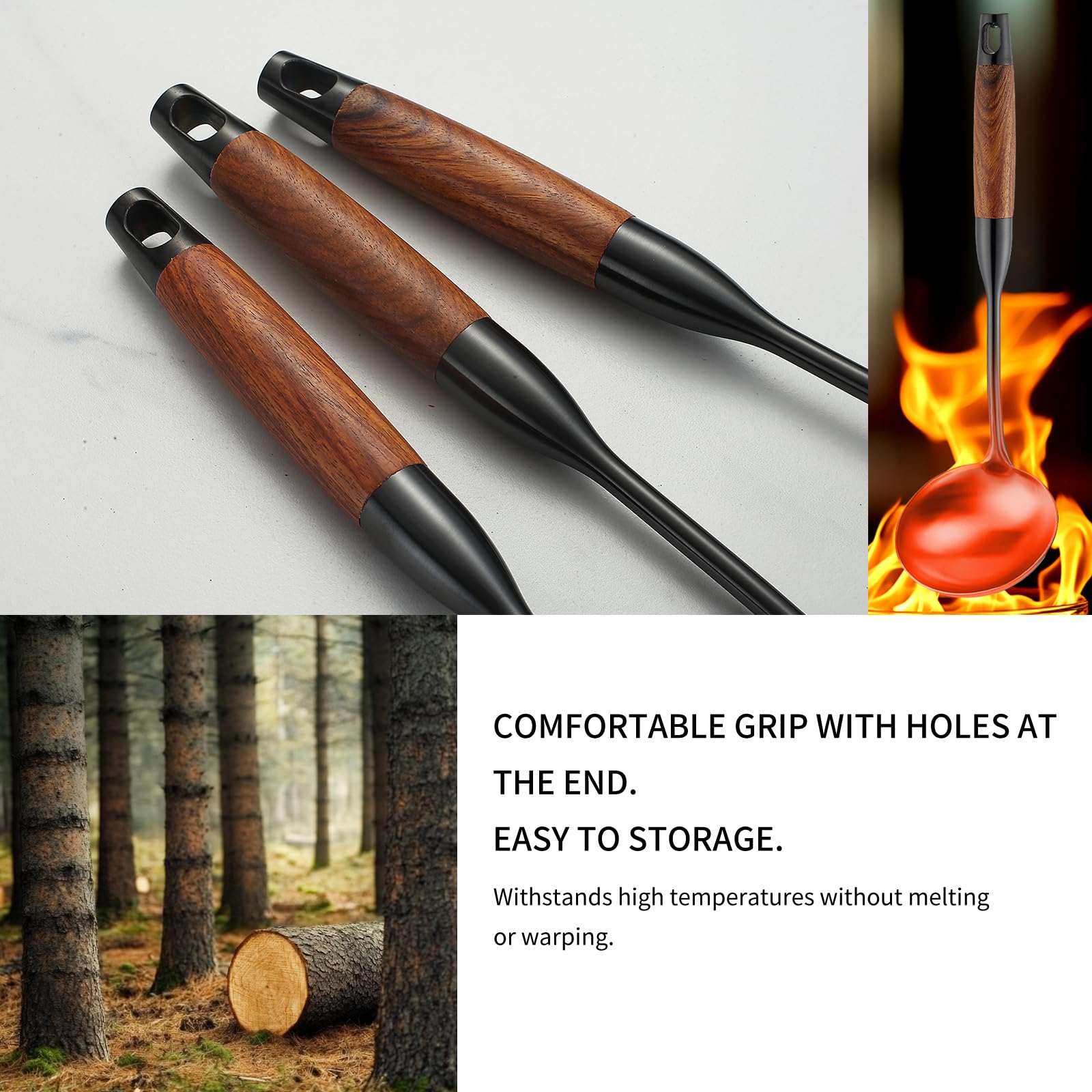 Küchenutensilien-Set aus Edelstahl mit Holzgriff, 18/10 Metall-Kochutensilien-Set, 10-teilig – Spatel, Löffel, Schöpflöffel, Schaumlöffel, Schaumwender, Pasta, Pfannenwender, Schöpflöffel, Gabel