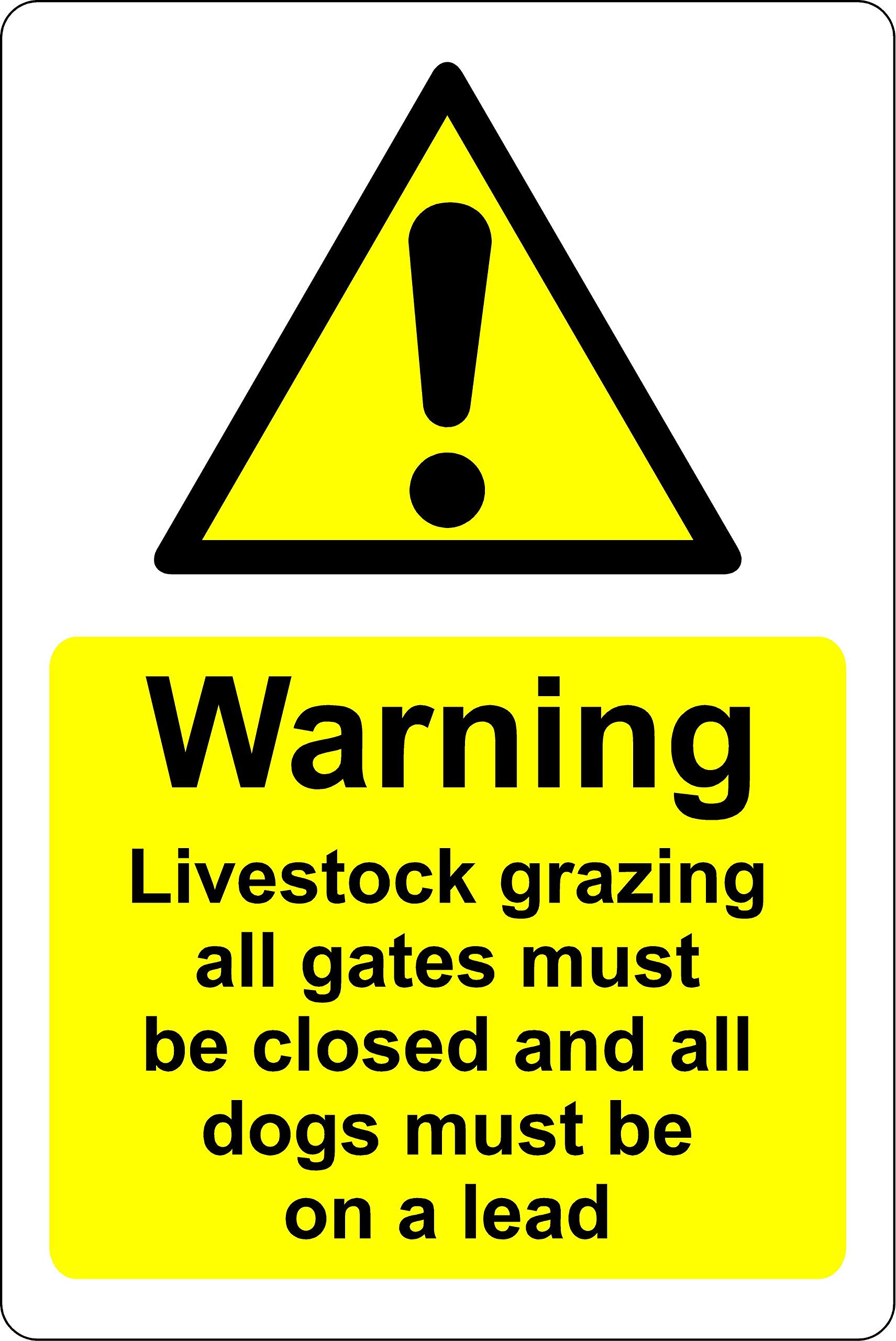Warning livestock grazing all gates must be locked and all dogs must be on a lead Farm Safety sign - 1.2mm Rigid plastic 200mm x 150mm