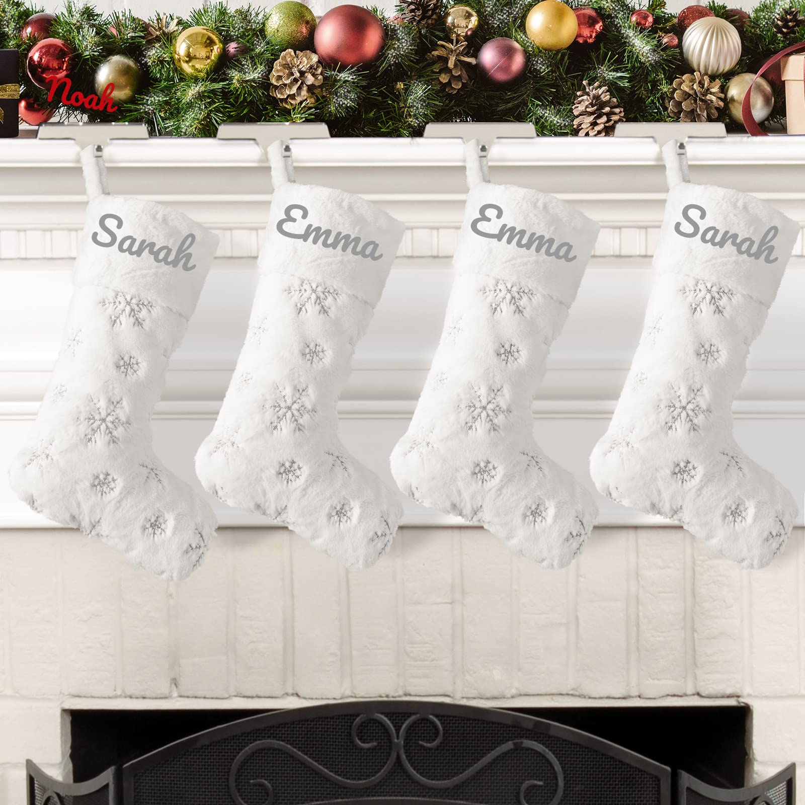 Amidaky Personalized Christmas Stockings 6 Pack White Faux Fur Christmas Stockings Customized with Names Embroidered Silver Snowflake Large for Family Holiday Xmas Party Decorations