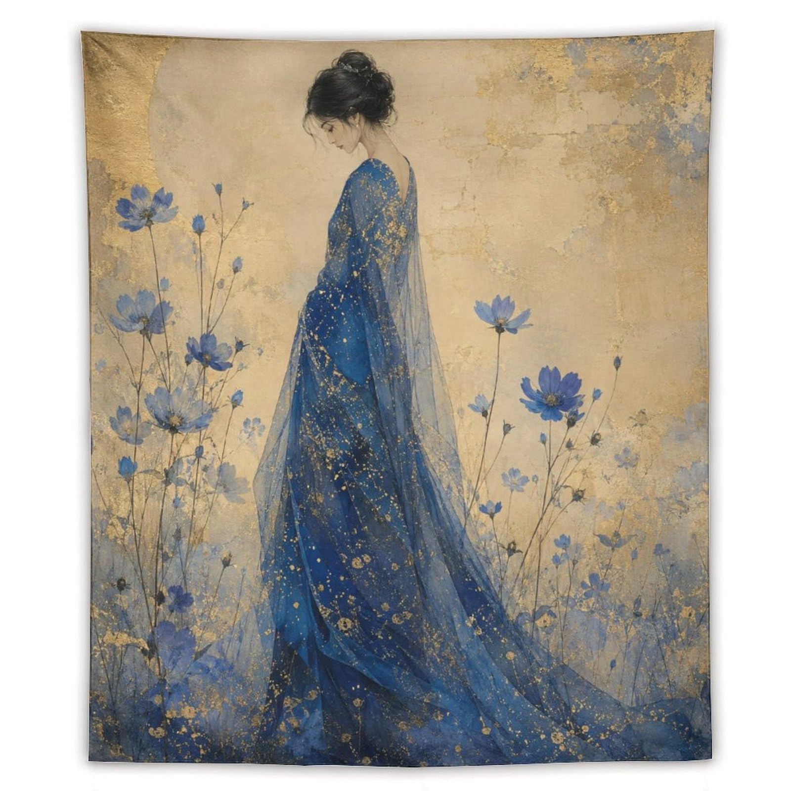 H3B8U2Y5 Blue Dress Woman Garden Wall Tapestry, Impressionist Meadow