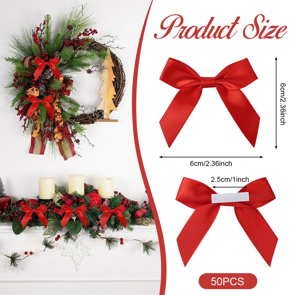 Lot de 50 nœuds en Satin, 6 cm Petits nœuds décoratifs Faits à la Main, Noeud Cadeau avec pastilles adhésives, Décoration pour Noël, Emballage Cadeau, travaux manuels, Anniversaires