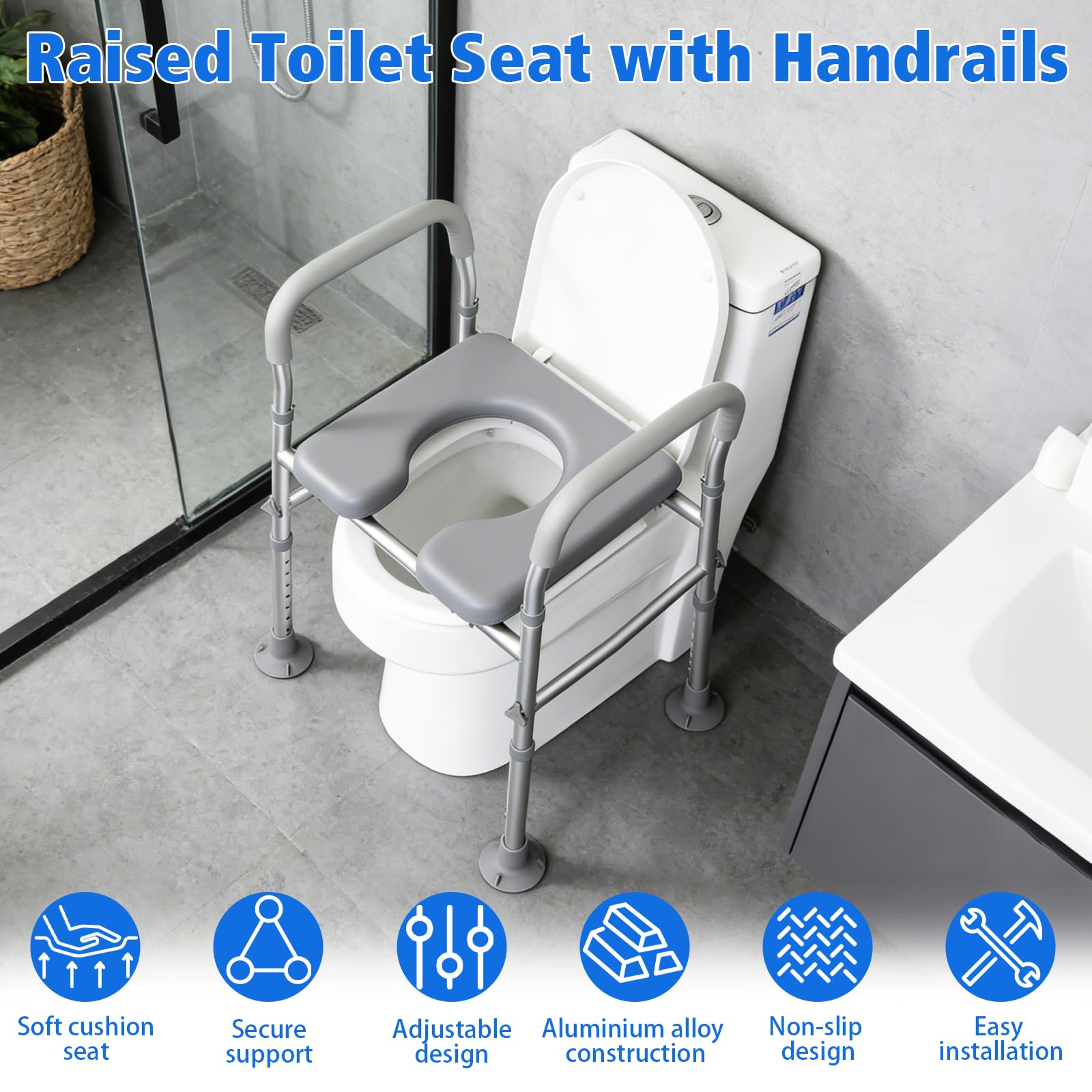Rialzo per sedile WC per anziani con maniglie, in alluminio, con sedile imbottito, regolabile in altezza e larghezza, per anziani con handicap, bagno in gravidanza, fino a 181,4 kg, adatto a qualsiasi