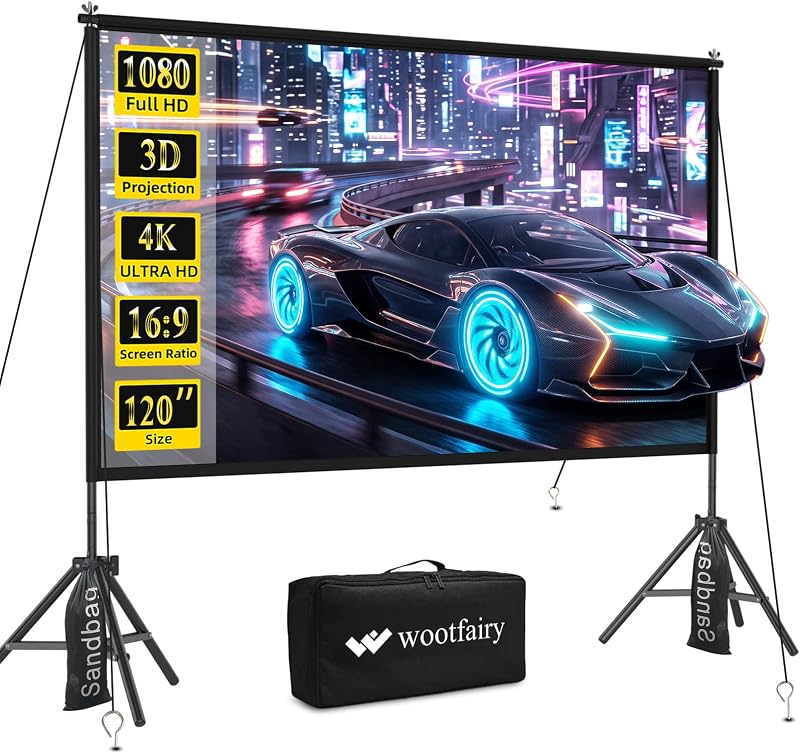 Wootfairy 120inch Projector Screen with Stand Portable Indoor Outdoor Use | Foldable Anti-Crease 16:9 4K HD Front Rear Washable Projection Movie Screen with Carry Bag for Home Theater Backyard Camping