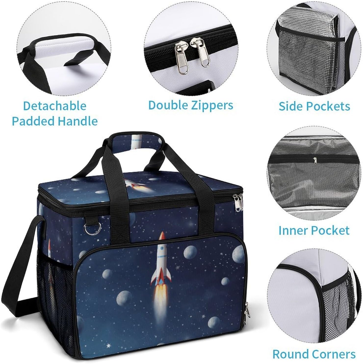 Large Capacity Oxford Cloth Rocket in Space Printed Camping Ice Bag, Outdoor Portable Insulation and Cooling Bag, Suitable for Outdoor Camping and Picnics