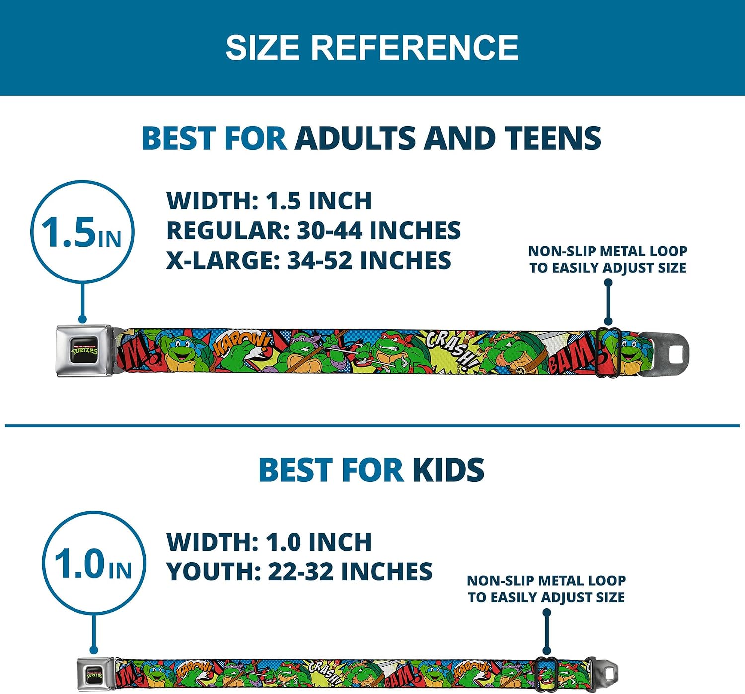 Buckle-Down Unisex Seatbelt Belt - Classic Tmnt Action Poses/Action Bubbles Dots