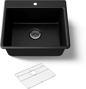 KOHLER 28003-1-CM1 Kennon 25 Top-/Undermount Single-Bowl Kitchen Sink, Includes Sink Rack, Matte Black