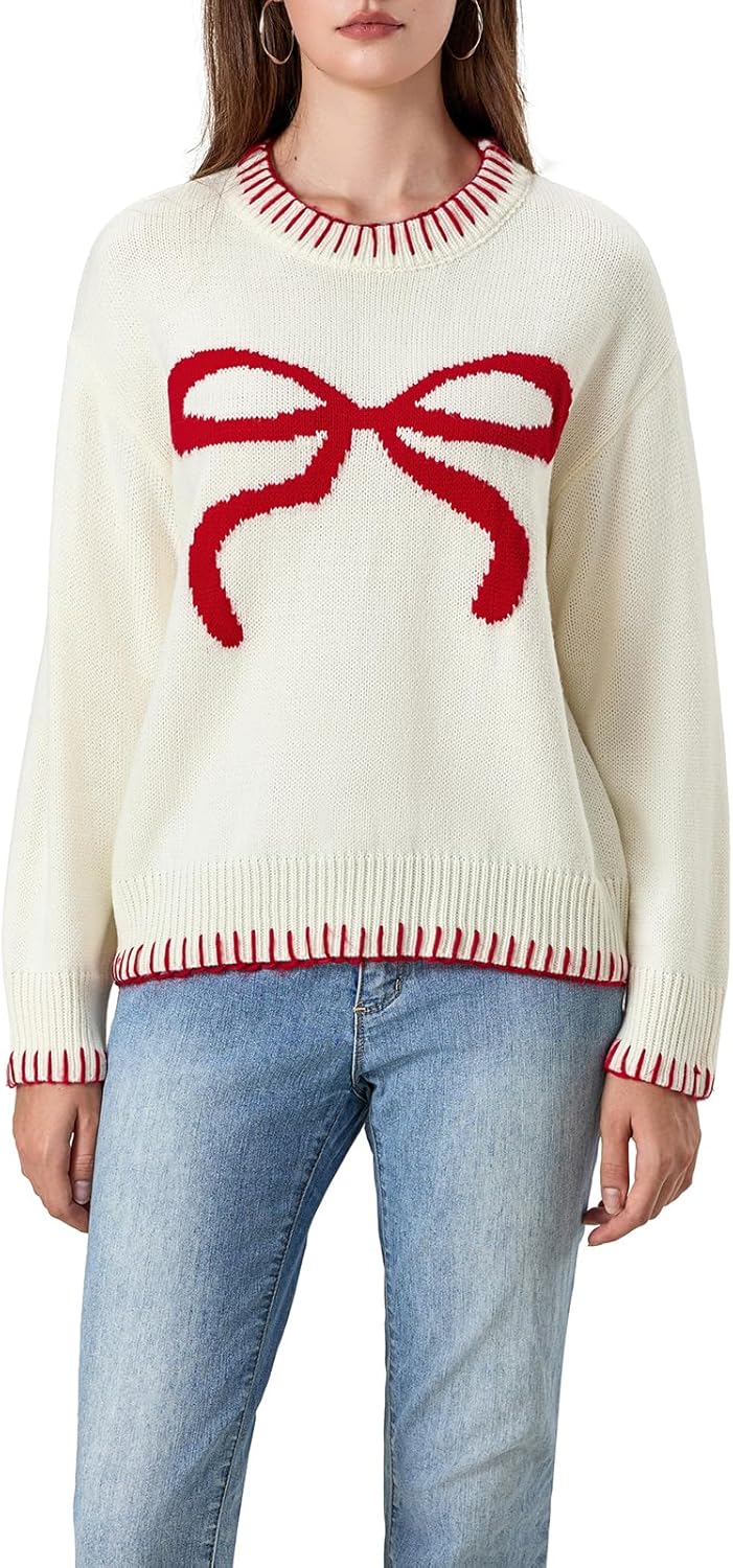 Fabumily Women Bow Sweater Y2k Crewneck Long Sleeve Knitted Pullover Teen Girls Oversized Sweaters Cute Fall Tops