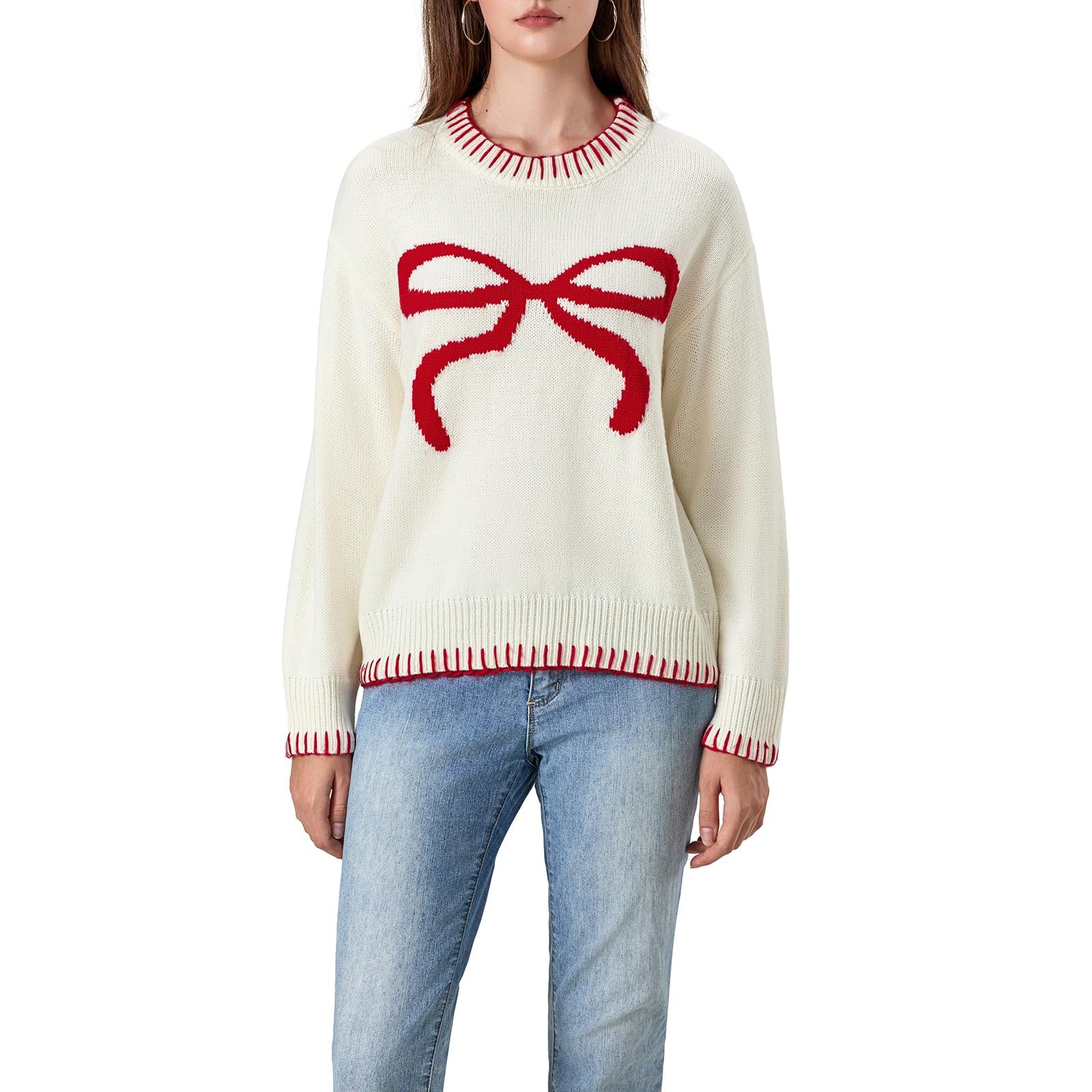 Franhais Womens Y2k Oversized Knit Sweater Bow Print Long Sleeve Crewneck Pullover Tops Casual Aesthetic Sweater Knitwear