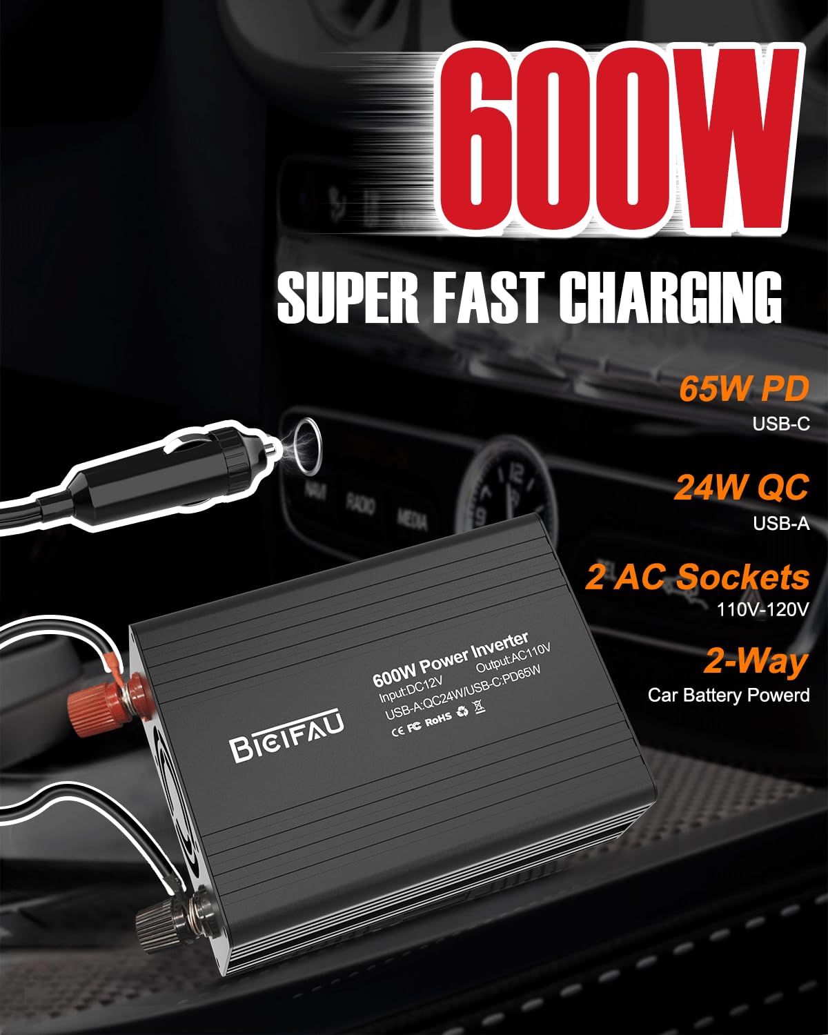 Falownik samochodowy 600 W: przekształca 12 V DC w 110 V AC z wygodnymi portami USB i dwoma gniazdami AC